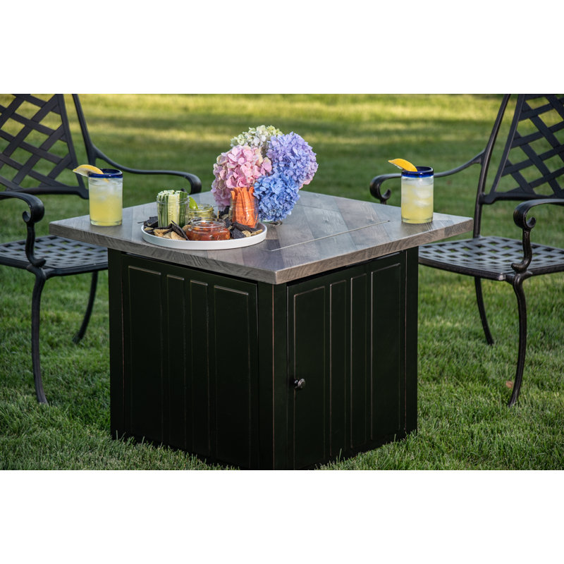 Black and Gray Steel Gas Fire Pit Table with Faux Wood Mantel