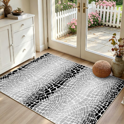 White Machine Washable,Skin Dinosaur Scale Black Snake Indoor Area Rug