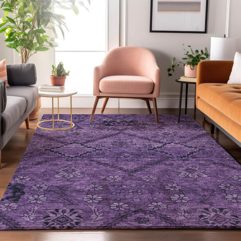 Tapis aubergine de qualité supérieure lavable à la machine Prisco, Rectangulaire 8 pi x 10 pi
