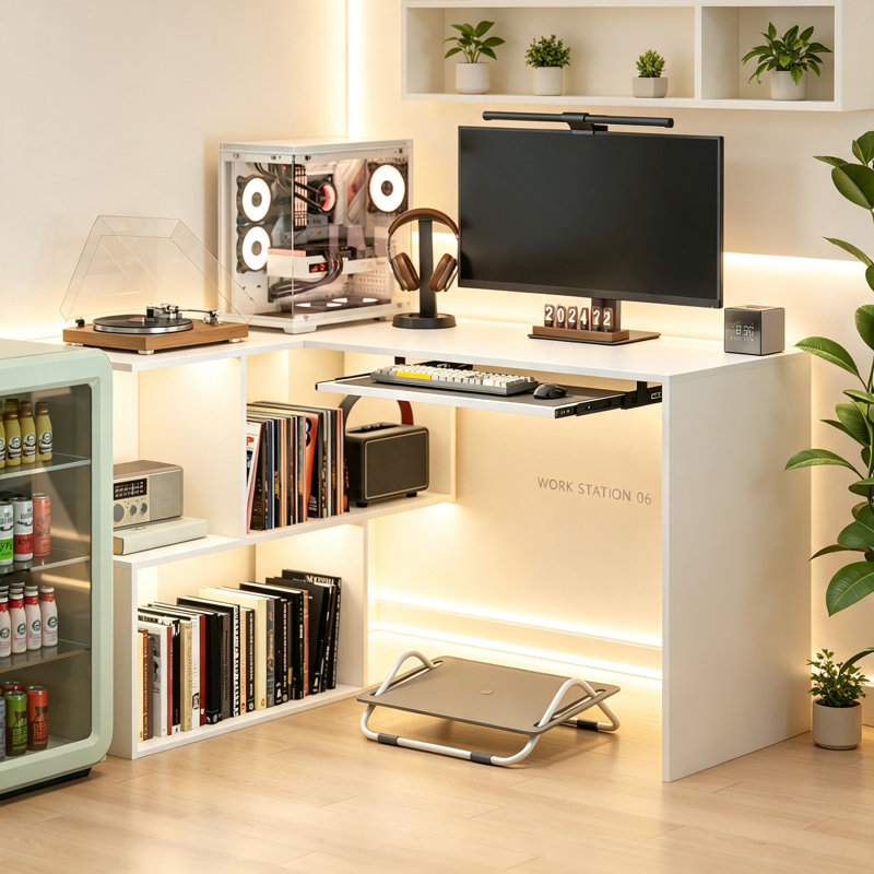 L-Shaped Computer Desk with Keyboard Tray and Storage Shelves, Corner Writing Desk for Home Office or Study, White Wood Effect