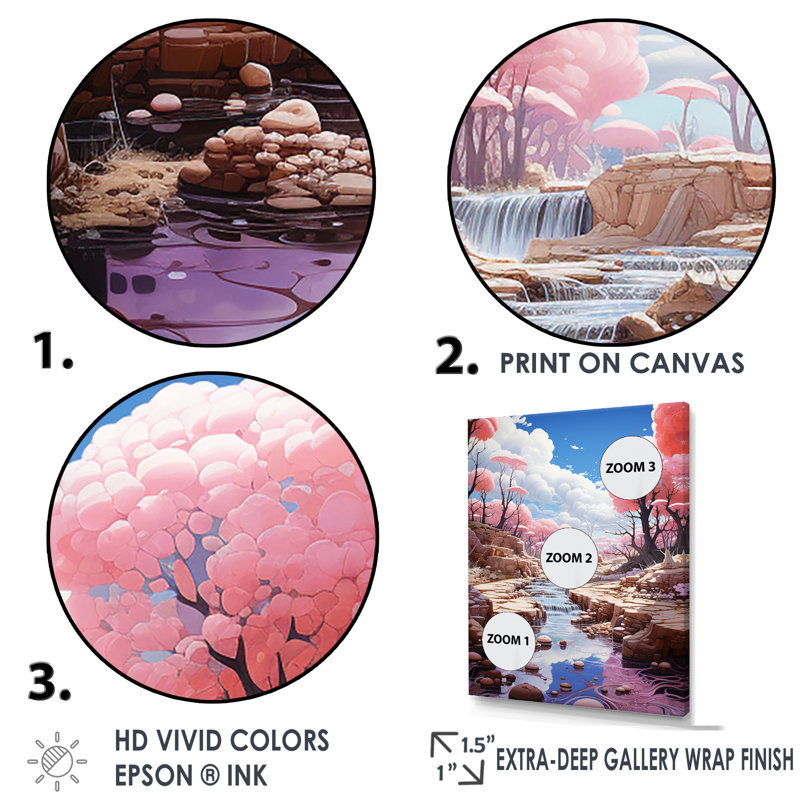 «Kawaii Landscape Pink Geyser Dream», reproduction sur toile, H 32 po x l 16 po x P 1 po, Cadre flottant doré
