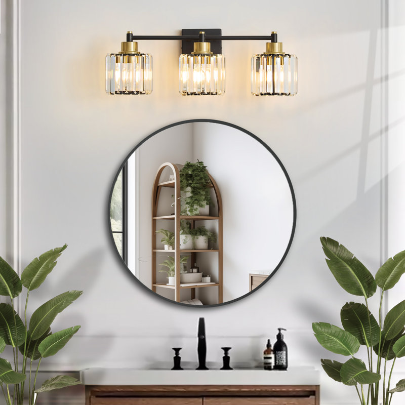 Berto 3-Light Dimmable Vanity Light with K9 Crystal Shades, Matte Black/Gold, 3 Lights