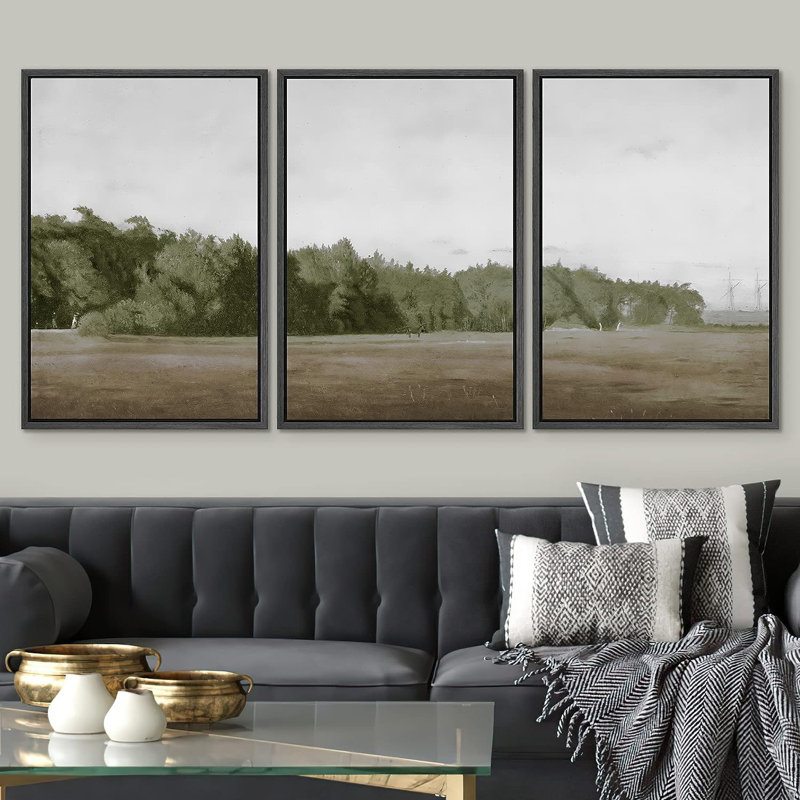 Ciel nuageux au-dessus de la forêt verte, illustrations de la nature sauvage - ensemble de 3 reproductions de cadres flottants