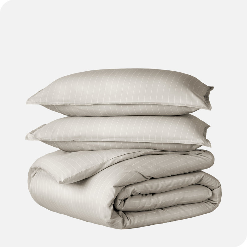 Queen Pinstripe Stone and White Microfiber Duvet Cover Set