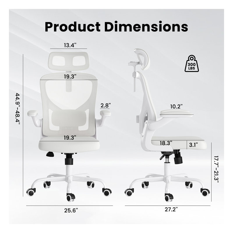Fauteuil de bureau ergonomique pour bureau à domicile avec appui-tête - Dossier haut en filet avec support lombaire réglable et accoudoirs rabattables, blanc