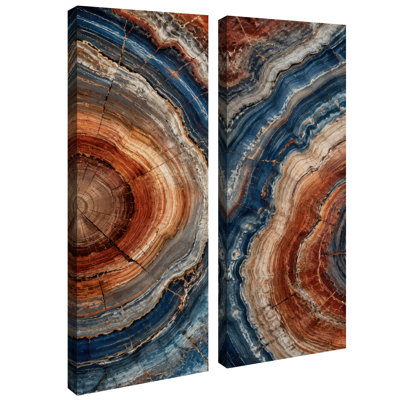 Bagues en pierre superposées bleu rouille et terre cuite – Motif abstrait naturel – Ensemble de 2 impressions d'art encadrées sur toile 32 po x 12 po x 2
