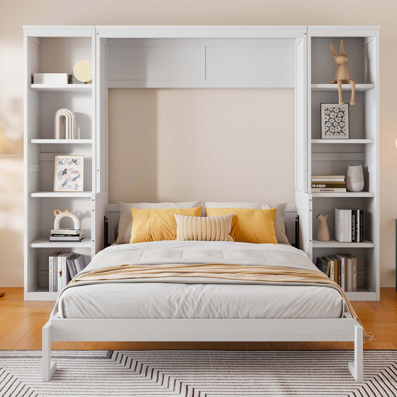 Lit escamotable avec bureau et bibliothèque Murphy, Blanc, Grand lit