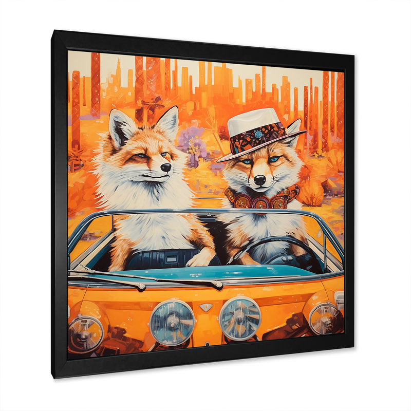 «Foxs aventureux au volant I», art mural animal, Cadre photo noir, H 30 po x l 30 po x P 1,5 po