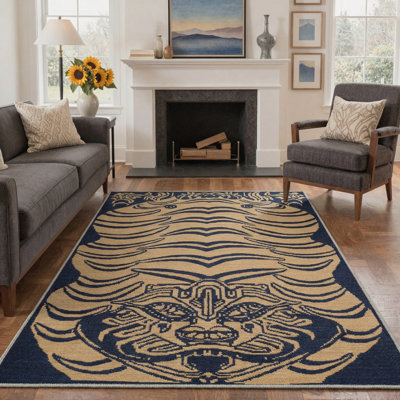 Tiger Animal Print Machine Washable Navy Bisque Indoor Area Rug With Non-Slip Backing