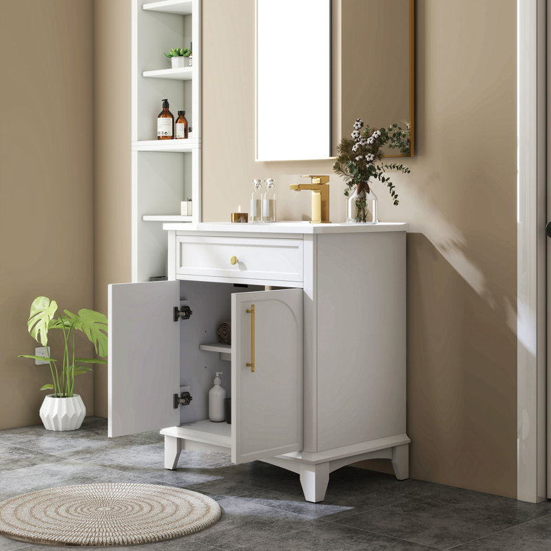 Ensemble lavabo de salle de bain moderne de 70,6 cm (27,8 po) avec surface peinte, lavabo de salle de bain autoportant de style milieu du siècle avec rangement, meuble-lavabo haut de gamme avec poignées en métal