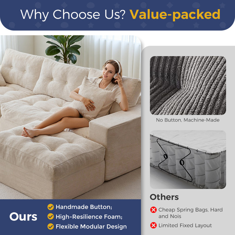 104"Cloud Modular Sectional Sofa,No Assembly Required Boneless Couch, Beige Corduroy