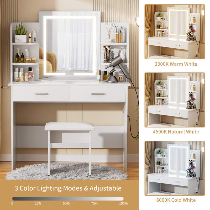 Greyden Vanity Set With LED Mirror & Built-in Outlets, White