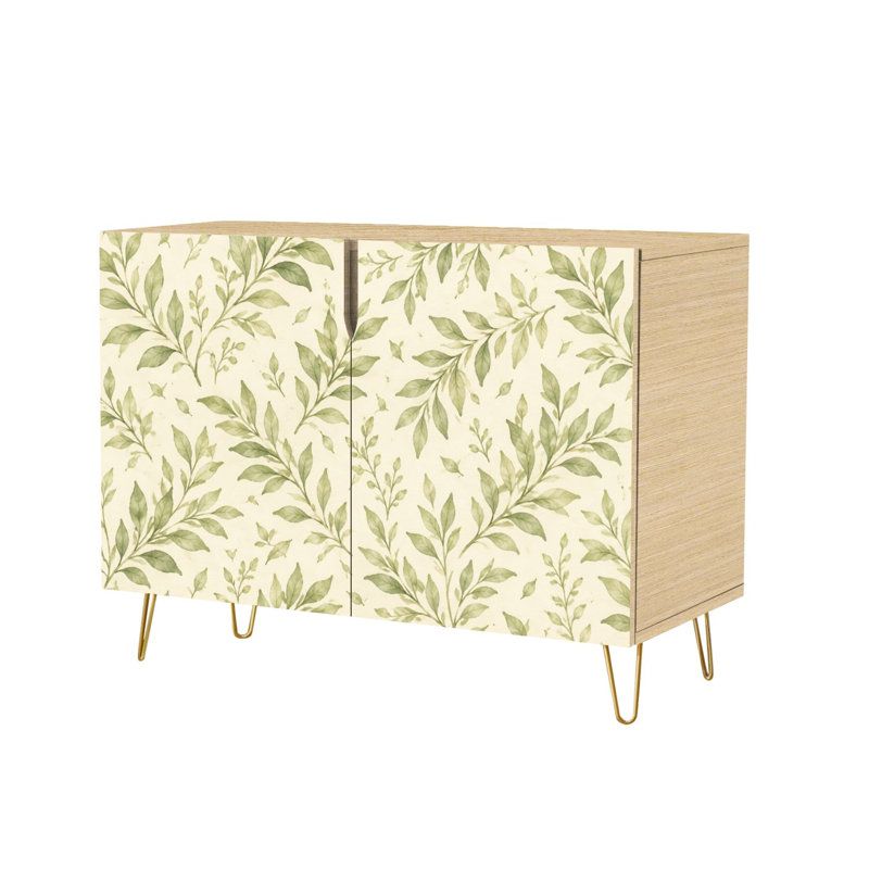 Buffet Buffet avec rangement Branche de feuille de botanique verte douce crème élégante aquarelle nature avec 2 portes pour le salon et la cuisine