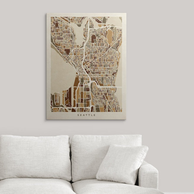 «Seattle Washington Street Map» par Bellen, impression, H 36 po x l 27 po x P 1,5 po, Toile