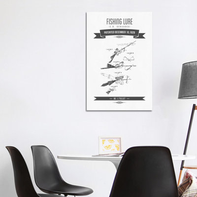 C.H. Scharrer Fishing Tackle Patent Sketch Retro (Charcoal) by Aged Pixel - Wrapped Canvas Gallery-Wrapped Canvas Giclée