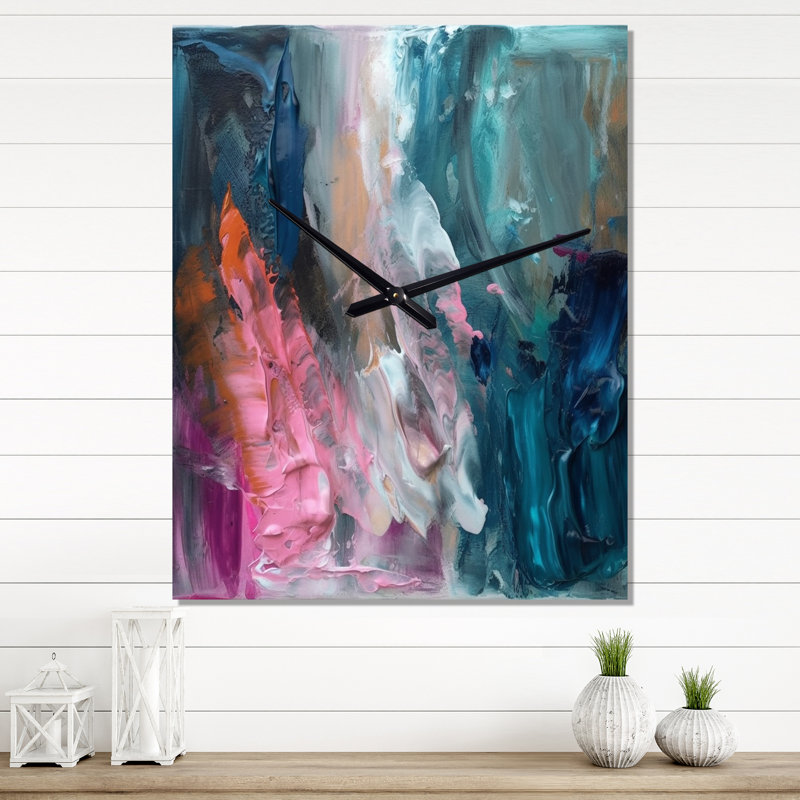 Horloge murale moderne abstrait bleu et rose, H 32 po x l 24 po x P 1 po