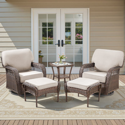 Ensemble de 5 pièces en rotin d'extérieur de qualité supérieure, 2 chaises coulissantes pivotantes avec dossiers en forme de T, 2 repose-pieds multifonctionnels et une table d'appoint en verre renforcé pour le patio, le jardin, la piscine et la cour