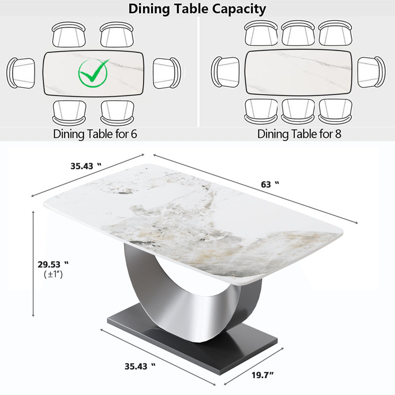 Ensemble de table de salle à manger à piédestal en pierre 7 pièces, Marbre blanc, Brun / blanc / noir