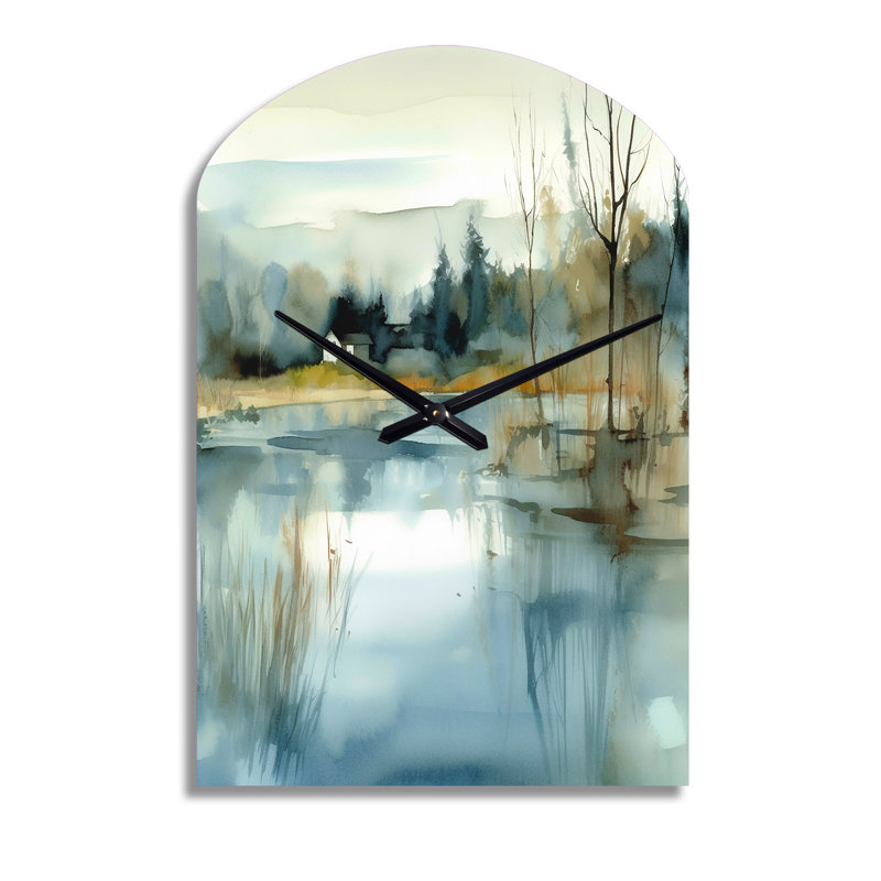 Summer Lake Landscape Illustration V - Lake Arch, horloge murale en métal, impression bleue asymétrique, Grand