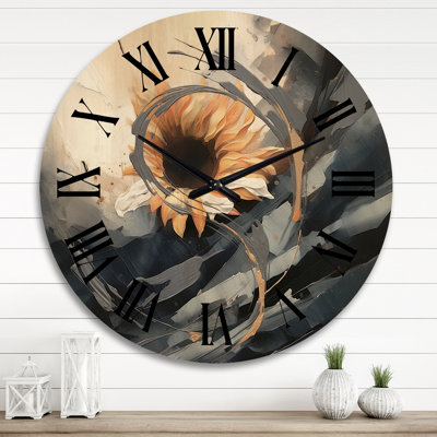 Yellow Grey Golden Cheerful Sunflowers - Floral Oversized Wood Wall Clock