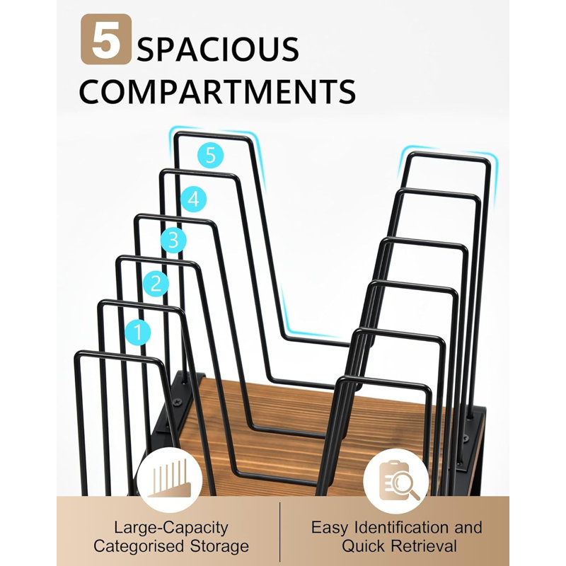 Classeur de bureau vertical avec base en bois, porte-documents en métal à 5 sections