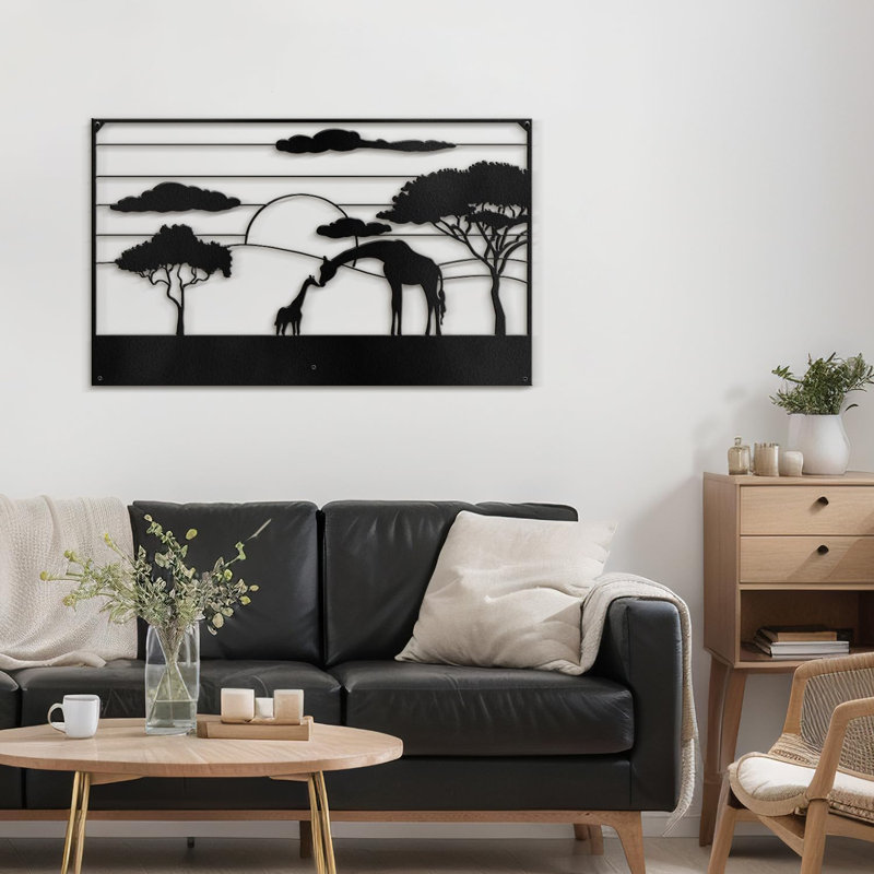 Girafes au coucher du soleil, H 10,98 po x l 18 po x P 0,05 po, Noir