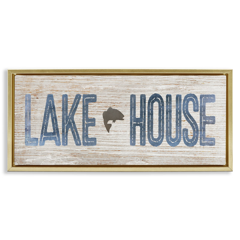 Lake House avec motif de poisson, H 14 po x l 31 po, Cadre flottant métallique doré
