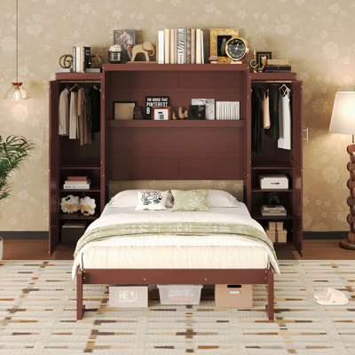Lit escamotable double, lit escamotable en bois avec 2 armoires et tablette de rangement, noyer
