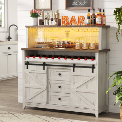 Farmhouse Wine Bar Cabinet With Sliding Bar Door And Led Lights, Sideboard With 2 Layers Tabletops, Wine And Glass Racks, 2 Storage Cabinets With Adju