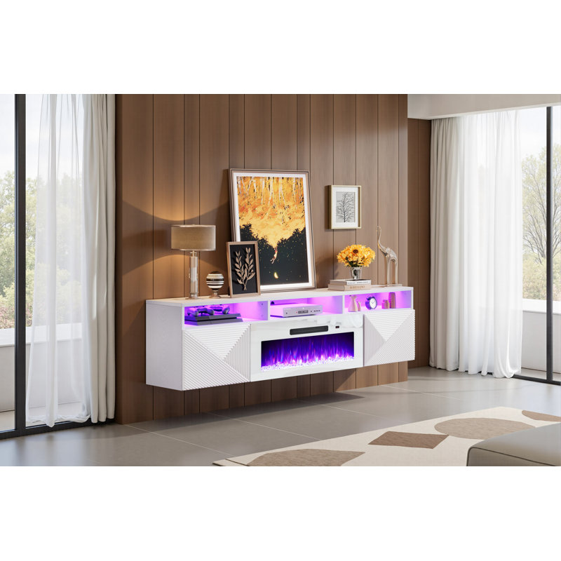 Delphi Floating Fireplace Tv Stand, Led Light & 3 Extra Storage Shelves, 70", White