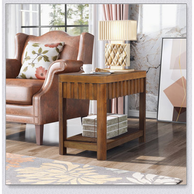 25'' Rectangular Farmhouse End Table with Storage Shelf, Sofa Side Table with Solid Wood Legs
