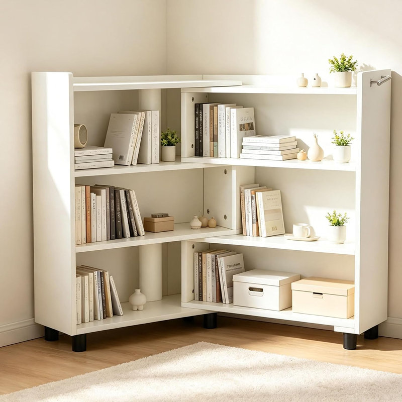 Bibliothèque de coin rotative extensible avec poignée, tablette de rangement pour petits espaces, Blanc / Blanc
