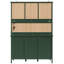 Tall green pantry cabinet with app-controlled rgb led lights, glass display doors, 4 doors, 3 drawers and adjustable shelves for kitchen and living room