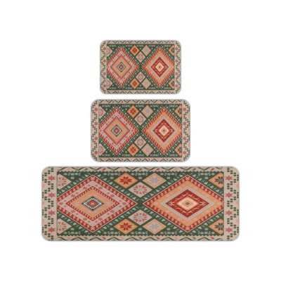 Nordic Geometric Pattern Set Of 3 Kitchen Floor Mat For Kitchen, Living Room, Green Red