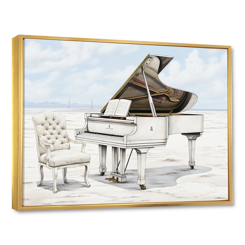 Piano à queue monochrome noir et blanc - art mural piano, Cadre flottant doré, H 34 po x l 44 po x P 1,5 po