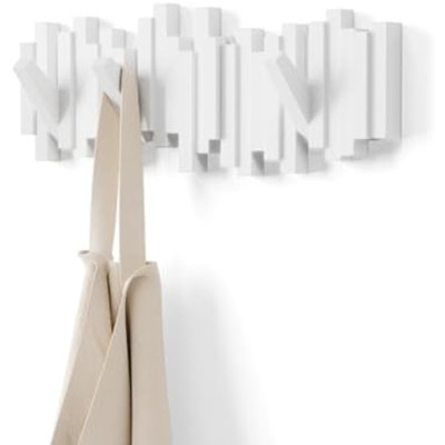Portemanteau mural Sticks, 5 crochets rétractables, blanc | Fixations incluses, design moderne et sculptural, idéal pour l'entrée ou la chambre, plastique recyclé