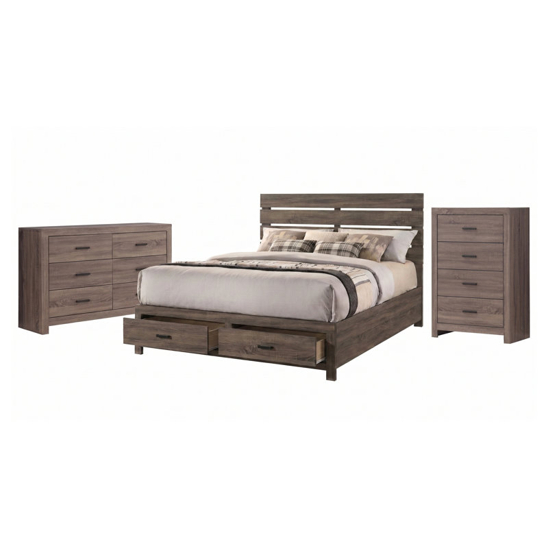 Ensemble de chambre à coucher 3 pièces Kingsley Barrel Oak Eastern King avec lit plateforme de rangement, commode et miroir