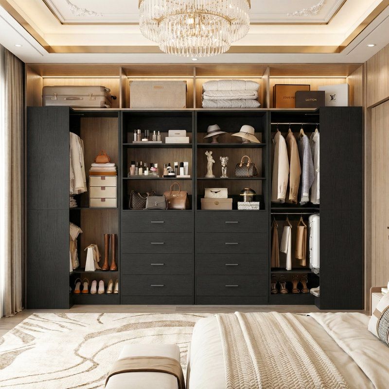 Closet System With Drawers, Shelves,Hanging Rods, Black