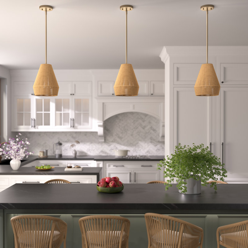 Luminaire suspendu en rotin tissé à 1 lumière pour cuisine en acier à intensité variable certifié UL, Laiton doré