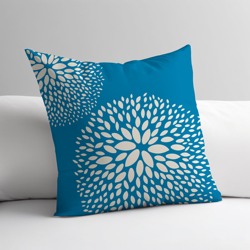 Coussin décoratif intérieur / extérieur en polyester filé à la main Bavière, H 17 po x l 17 po, Turquoise / crème