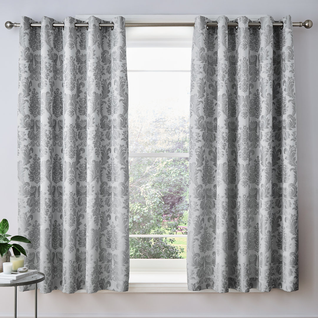 Catherine Lansfield Damask Jacquard 66x90 Inch Lined Eyelet Curtains Two Panels Silver Grey - Image 2