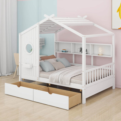 Full Size Wooden House Bed With 2 Drawers, Modern Design Kids Bed Frame With Storage Shelf For Kids Teens Adults