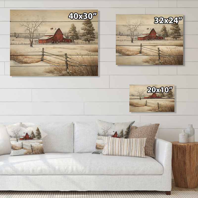 Paysage de grange rouge de Franconville en hiver VI - impression sur bois sans cadre, H 30 po x l 40 po x P 1,5 po