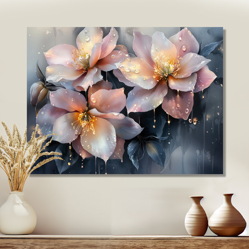 Encre de Chine abstraite, fleurs fuschia III - Fuschia, impression murale, H 16 po x l 32 po