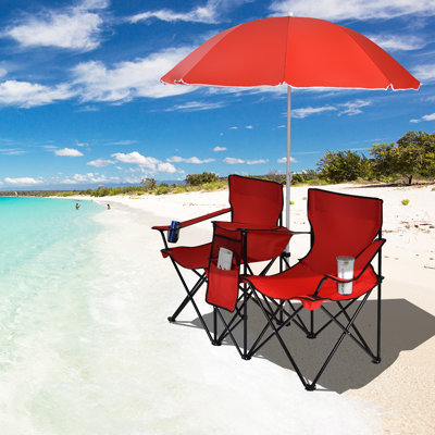 Genova Portable Folding Picnic Double Chair W/umbrella Table Cooler Beach Camping Red by Freeport Park