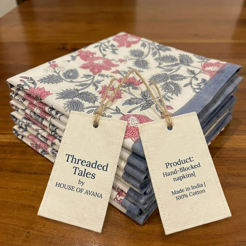 House of Avana Antique Rose and Charcoal 13-Piece Hand Block Printed Cotton Dining Linen Set - Table Runner, Placemats and Napkins