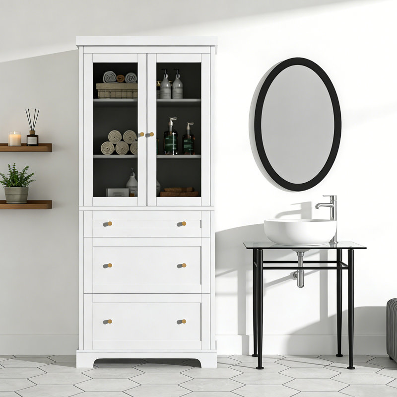 70.1" Modern Freestanding Tall Bathroom Cabinet With Glass Doors, 3 Drawers & Adjustable Shelves, White