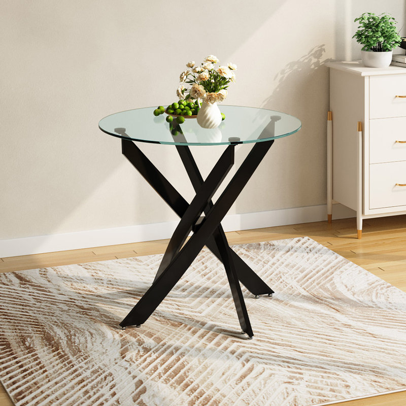 Round Glass Top Metal Base Dining Table, 75cm H x 80cm W x 80cm D