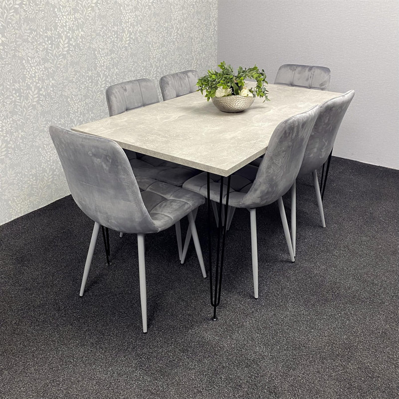 Grey Dining Table with Hairpin Legs & 6 Velvet Chairs (75cm), 75cmH x 140cmL x 80cmW, Grey 