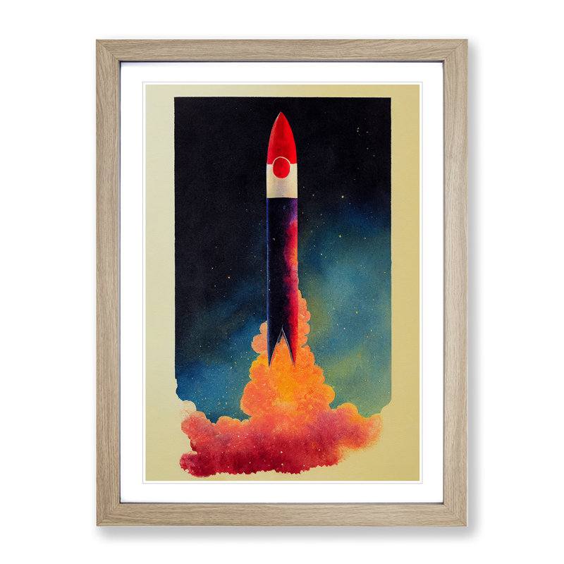 Adventurous Spaceship Rocket - Single Picture Frame Painting, 34cm H x 25cm W x 2cm D, Oak Framed